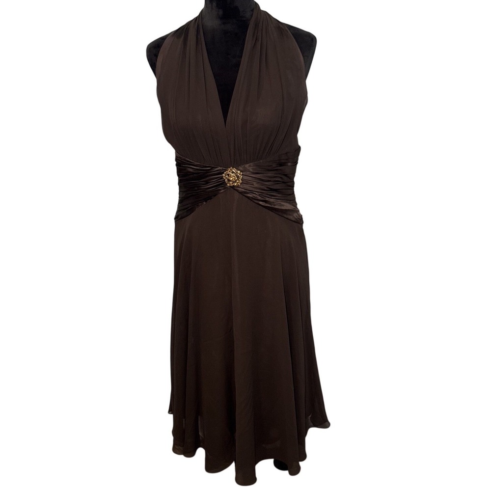 Maggie London Silk Pleated Halter Top Dress With Brooch Size 10 Brown